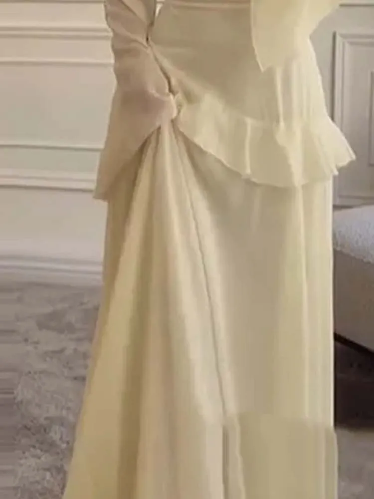 New Flare Long Sleeve Autumn Dresses Spring Fashion Solid Ruffle A-Line Boho Dress French Elegant O Neck Slim Long Party Dress