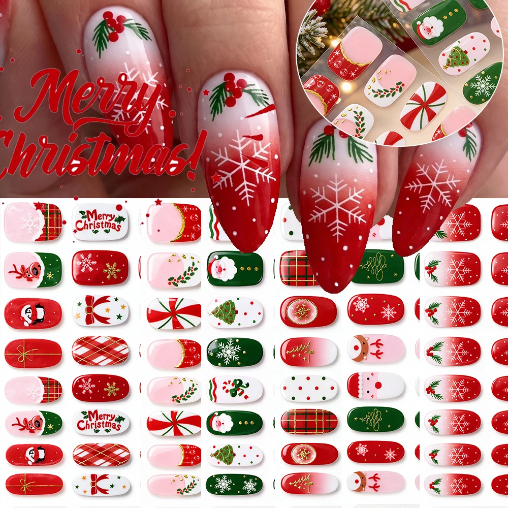 16Tips Free-Baking Christmas Snowflake Bow Plaid Santa Elk Nail Stickers Full Cover Bronzing Gold Red Christmas Nail Decal