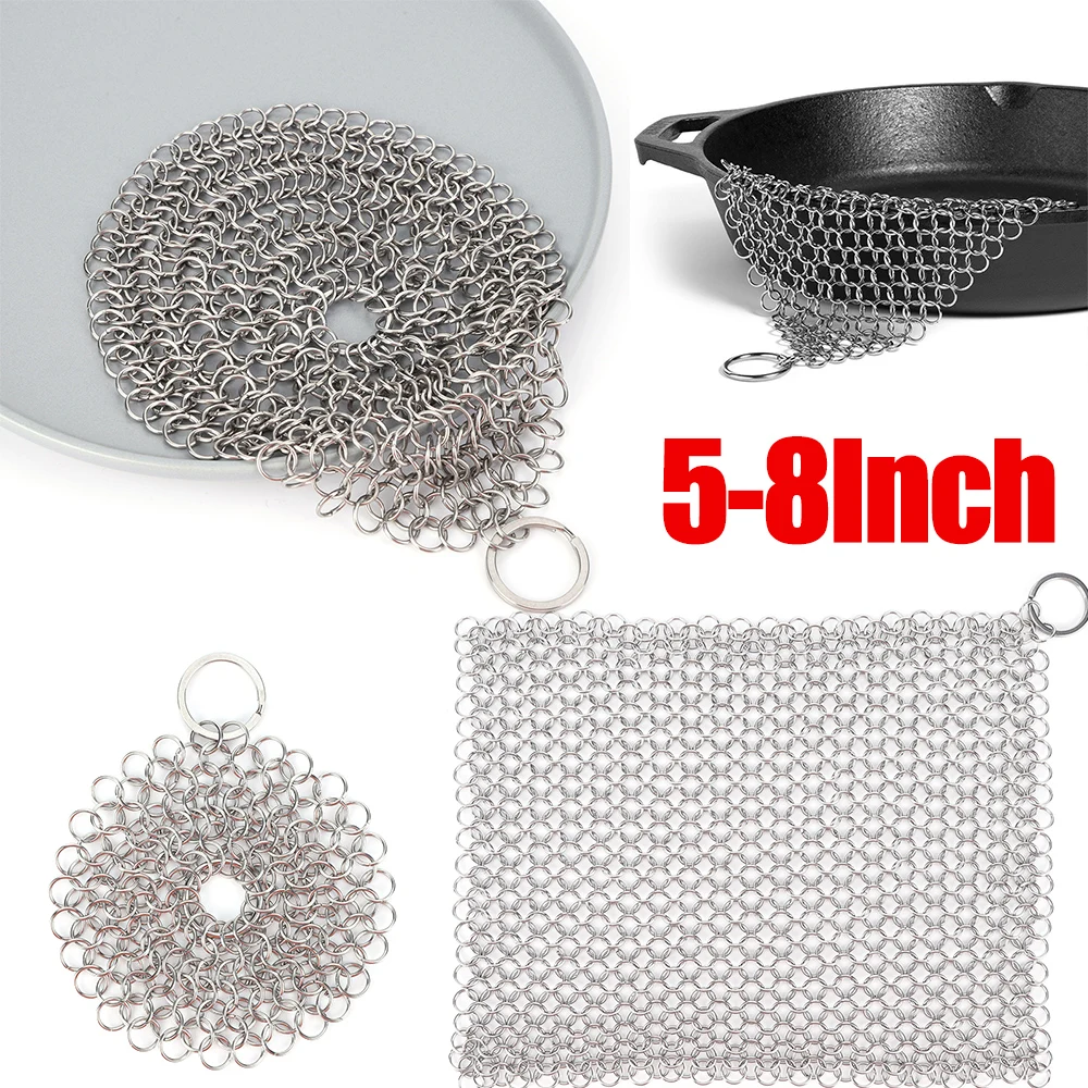 5-8 Inches Cast Iron Cleaner Chain Mail Scrubber Brush Pan Net  with Hanging Ring Stainless Steel Home Cookware Kitchen Tool