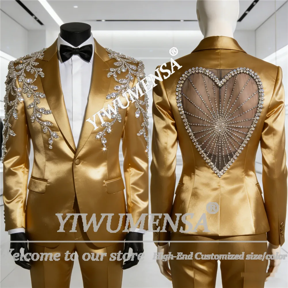 

Luxury Jewelry Stones Satin Suit Men Brilliant Beaded Prom Blazer Customized Male Fashion Groom Wedding Tuxedos Ropa Hombre 2Pcs