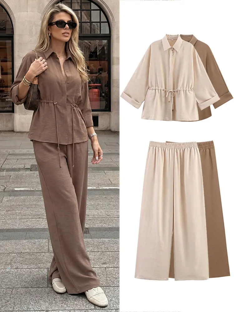 HH Damen Mode Hosenanzug mit Schnürbluse, Kimono-Shirt-Oberteil, elastischer Taille und weitem Bein – Frühlings-High-Street-Chic-Sets