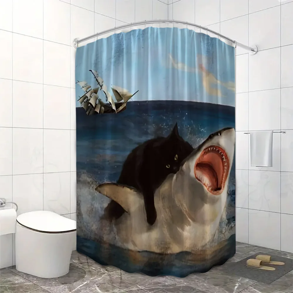 Unique Cat Riding Shark Shower Curtain - Waterproof, Mildew-Resistant with Ocean Adventure Design for a Quirky and Fun Bathroom