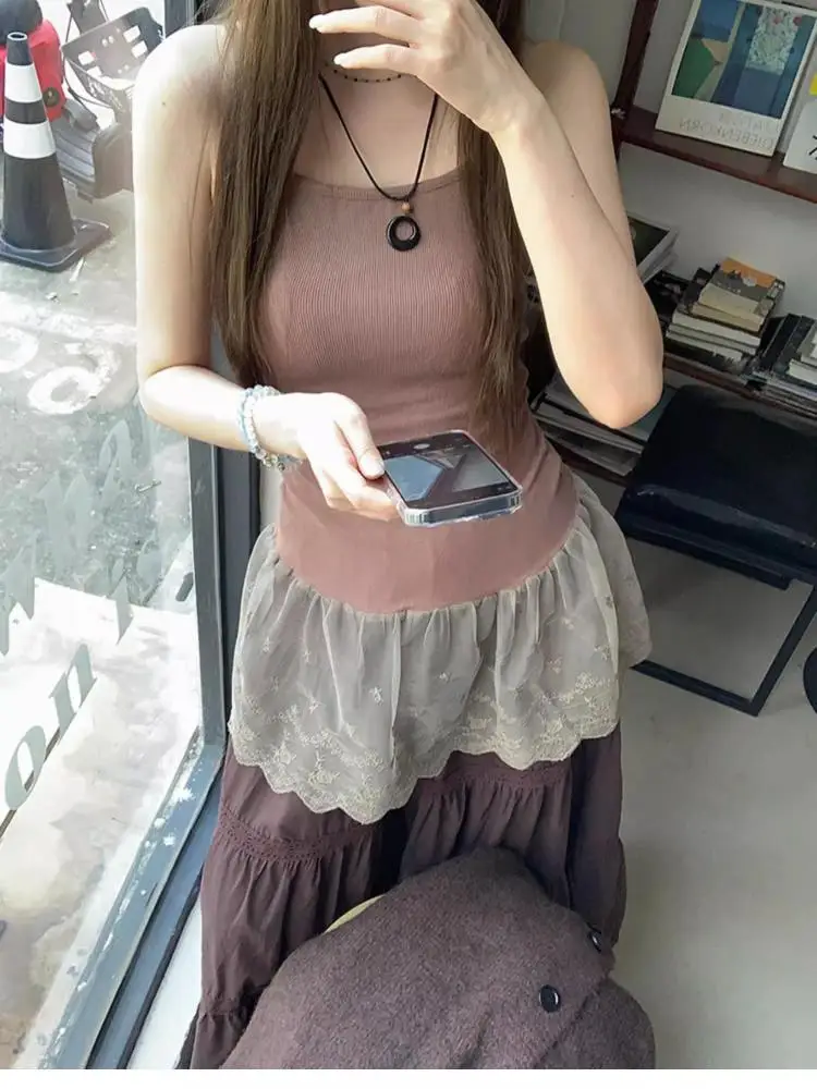 Tawaaiw Fairycore Korean Fashion Halter Tops Sleeveless Patchwork Lace Tank Tops Camisole 2000s Clothes Y2k Tanks Chic