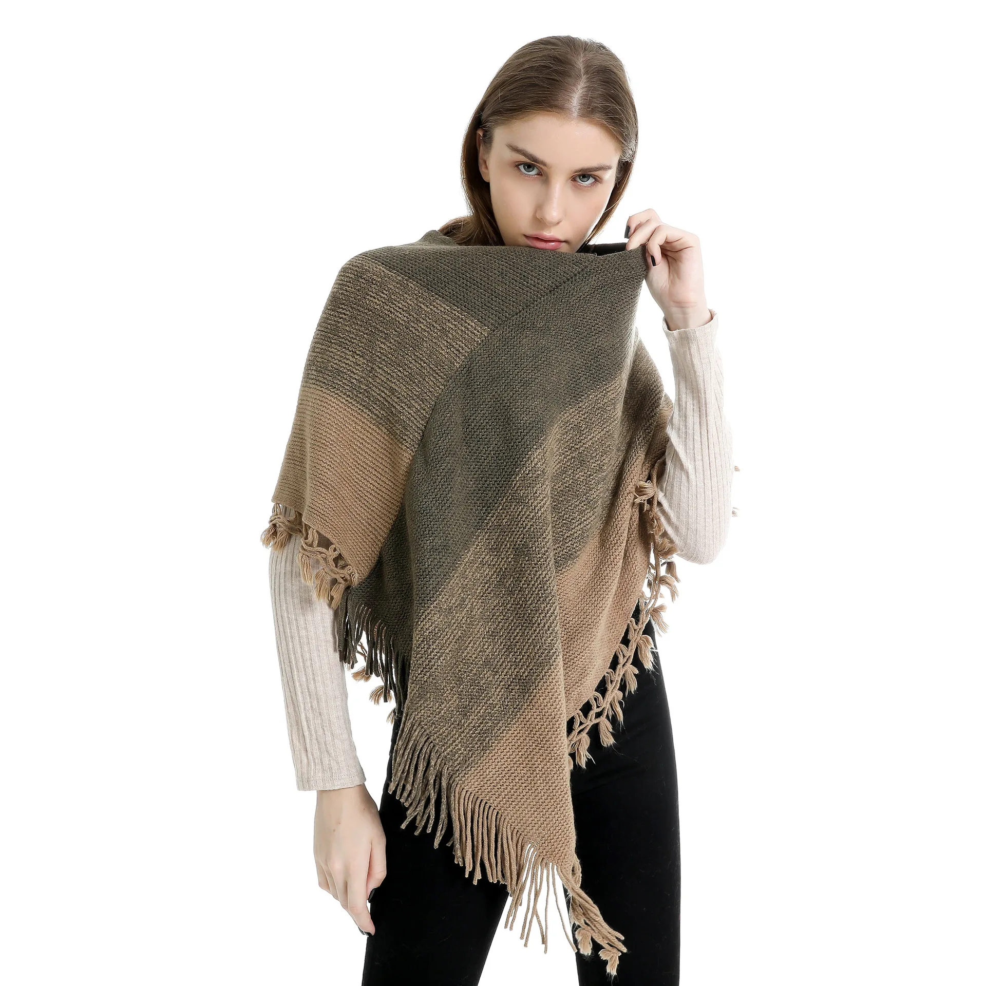 Vrouwen Lente Herfst Sjaal Dame Gebreide Twee Manier Wrap Gestreepte Trui Losse Leisure Trui Herfst Poncho met Kwastje Drop Ship