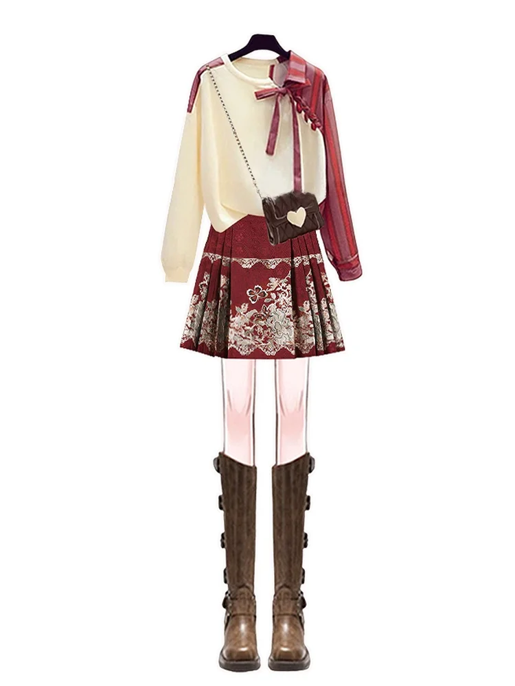 Set gonna ort a vita alta di grandi dimensioni Autunno Inverno Design Top con giunture Gonna viso snellente Nuovo sle cinese in due pezzi...