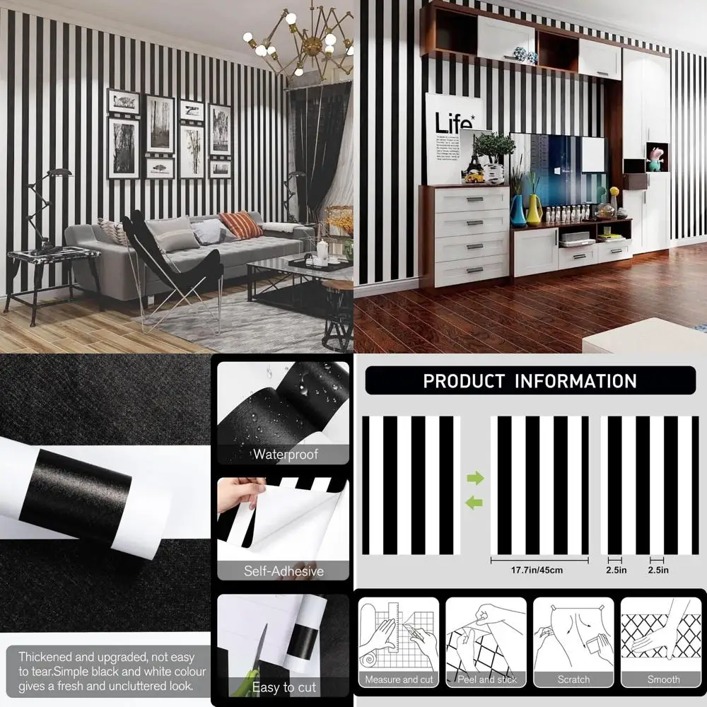 ورق جدران مخطط مقاوم للماء وقابل للإزالة ذاتي اللصق باللونين الأبيض والأسود للخزائن والأرفف والجدران - سهل التقشير والالتصاق