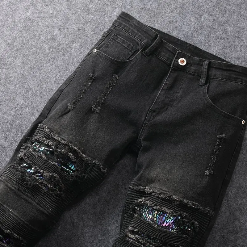 2024 Modetrend Distressed Jeans für Herren Motorrad Slim Fit kleine Füße Straße Retro gewaschen lässig Denim lange Hosen