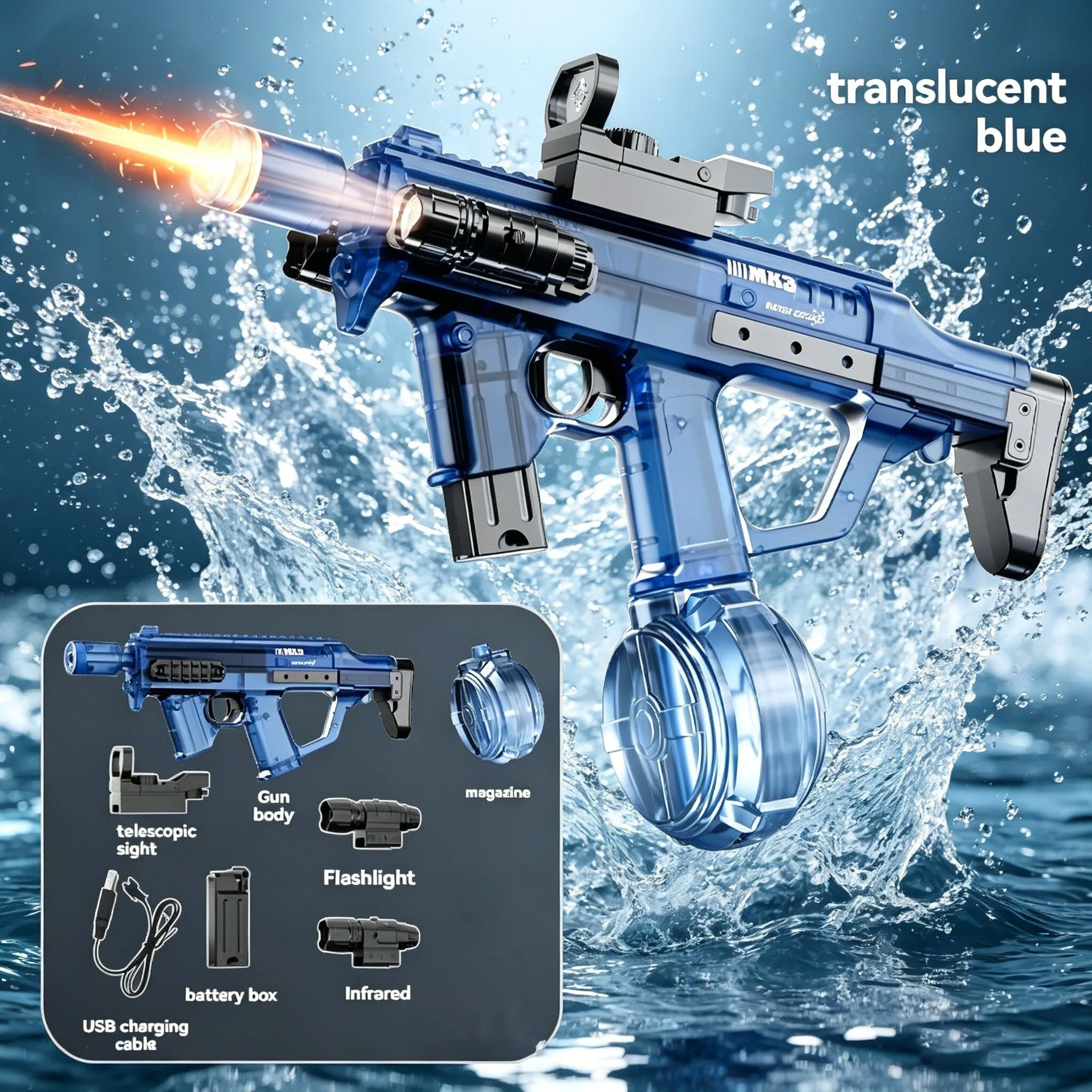 2026New adult electric MK3 water guns with lights, powerful with automatic water, summer outdoor and beach toys for kids