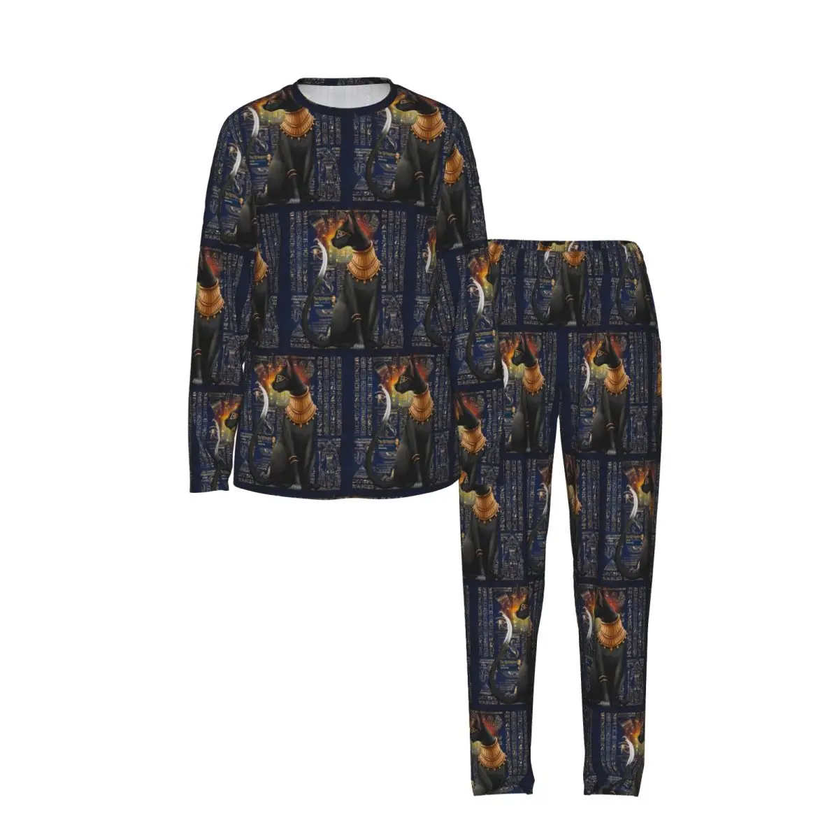 Vintage Egyptian Cat Goddess Bastet Round Neck Long Sleeves Nightdress for Sleeping Sleepshirts Women Soft Pajama Set Long Pants