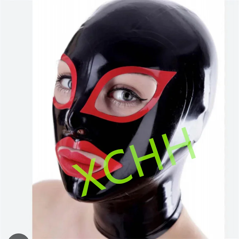 

Handmade Latex Hood Rubber Mask Black with Red Back Zip Sexy Fetish Headgear Customize Men Women Halloween Cosplay Costume
