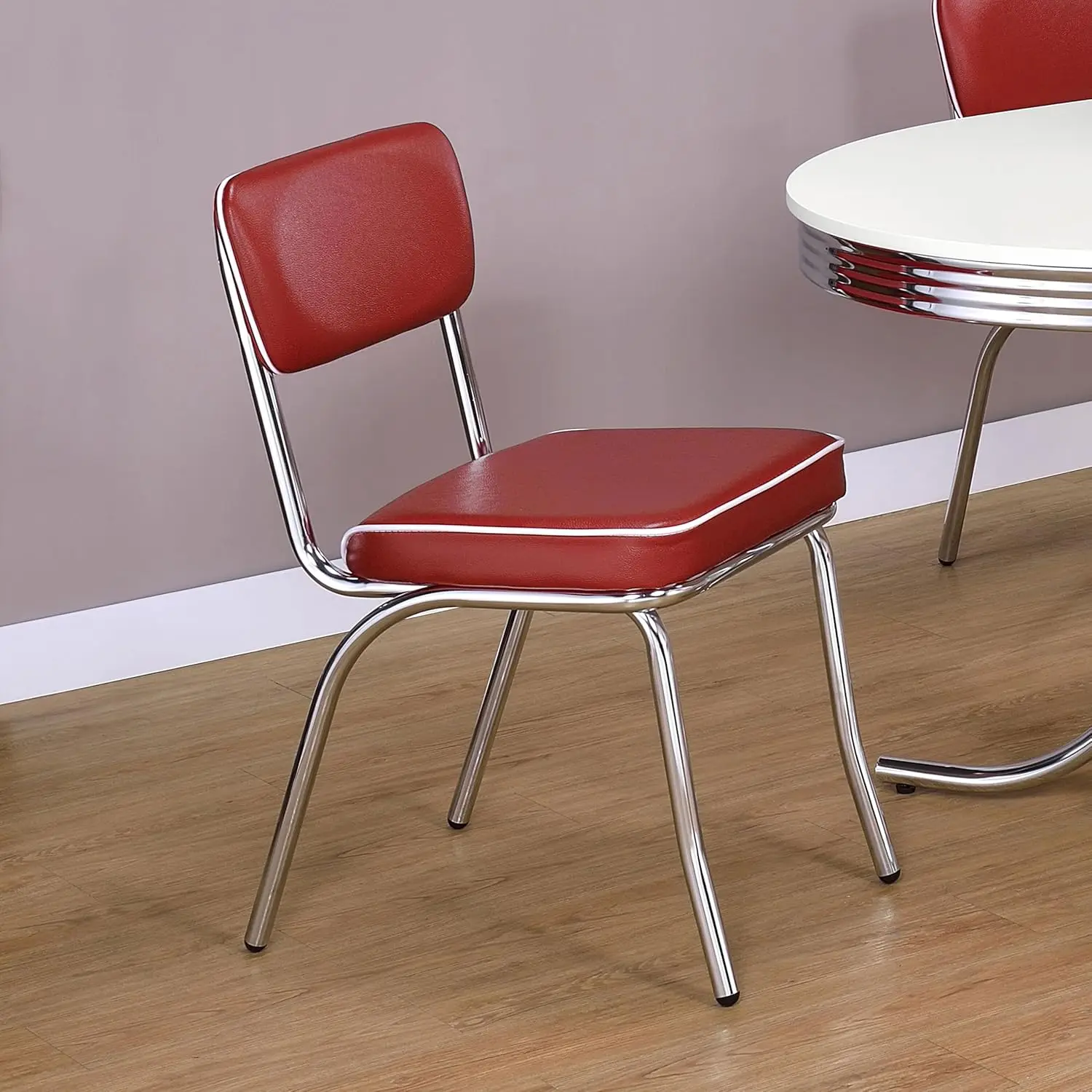 Retro Set Van 2 Open Rug Eetkamerstoelen Faux Leder Gestoffeerde Rug En Gewatteerd Zitkussen Stevig Stalen Frame Rood