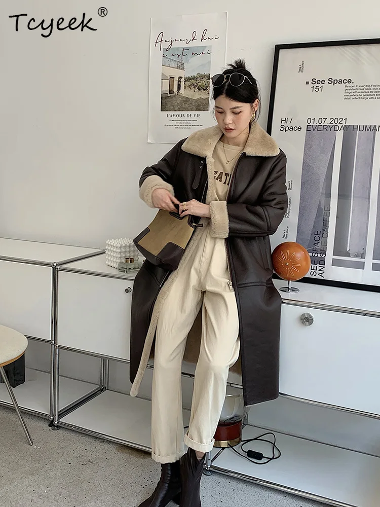 Tcyeek Real Wool Autumn Winter High End Trendy Square Collar Tie Medium Length Women's Wool Shearling Fur Coat Fourrures Femme