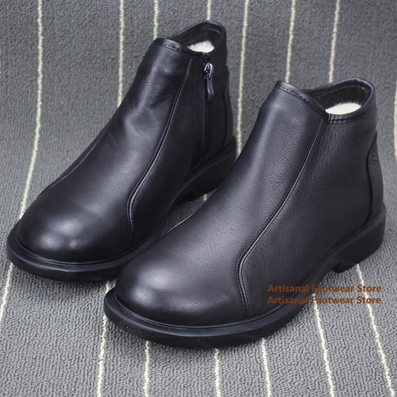 Men's Black Leather Winter Ankle Boots Faux Wool Lined Warm Side Zipper Booties Non Slip Flat Cold Weather Casual Snow Shoes