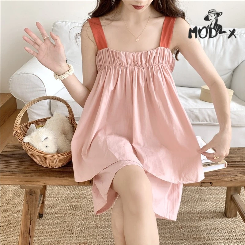 

MODX Korean Version Of The Sweet Cotton Collision Colour Loose Suspenders Set Halter Dress Summer Outside Home Wear Hot New