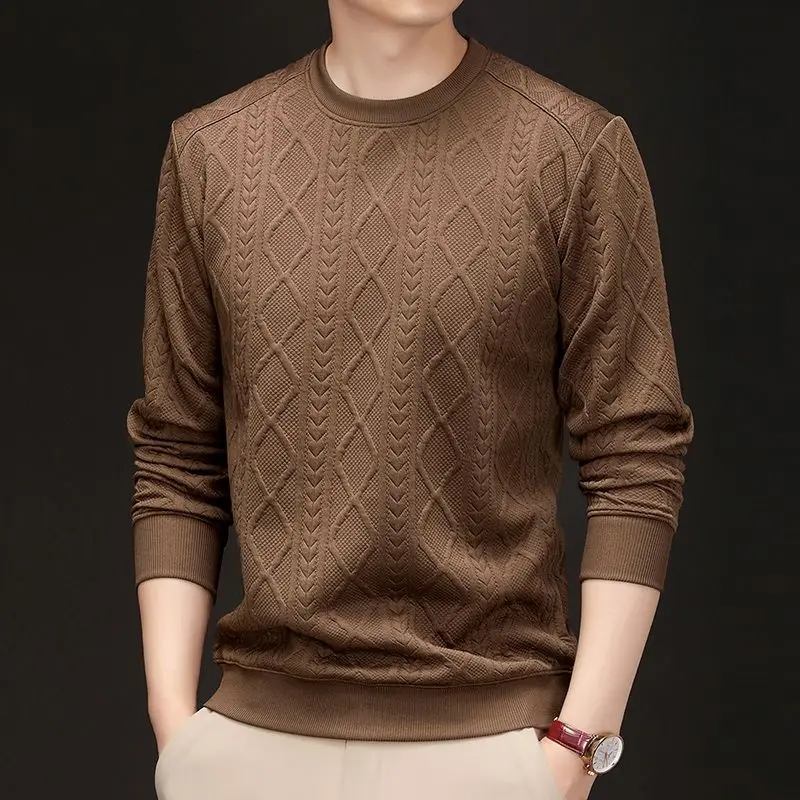 

Autumn New Men Heavy Industry Jacquard Long Sleeve Sweater Fashion All-match Casual Affordable Solid Color Round Neck Knit Tops