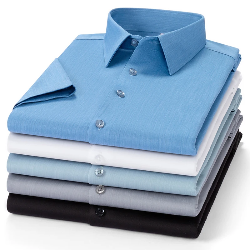 

Hight quality slik summer short sleeve shirts for men slim fit formal shirt soft solid color elastic office anti-wrinkle clothes