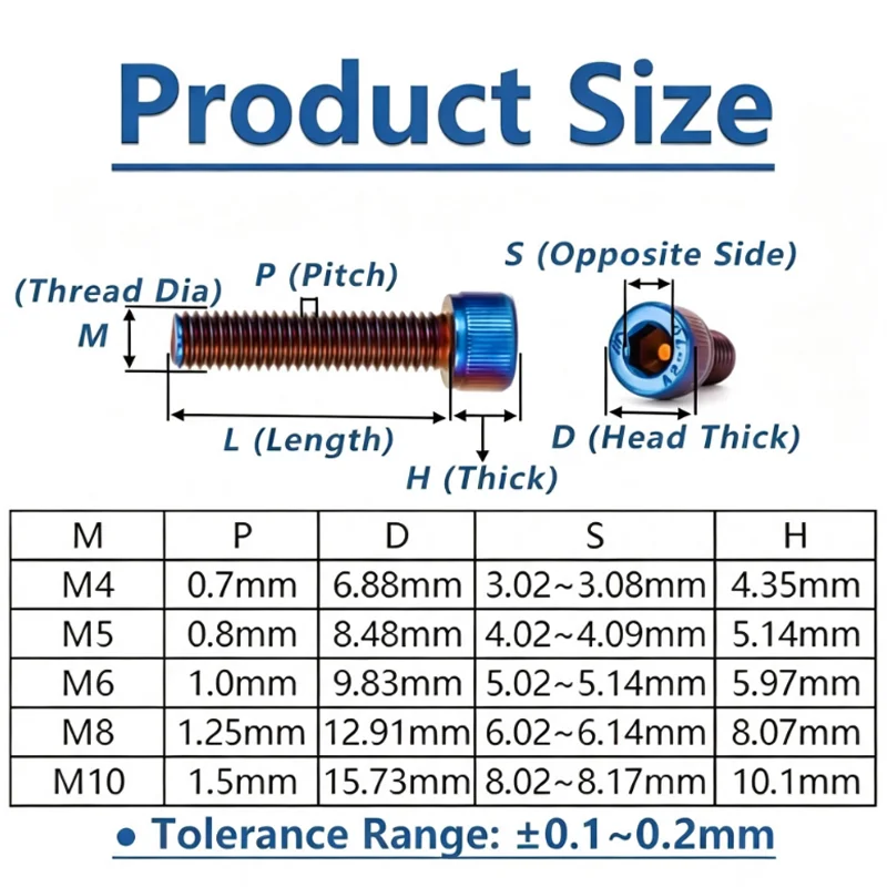 304 Stainless Steel Cup Head Hexagonal Titanium Blue Bolt M4 M5 M6 M8 M10 Inner Hexagonal Bolt Suitable for Bicycles/Motorcycles