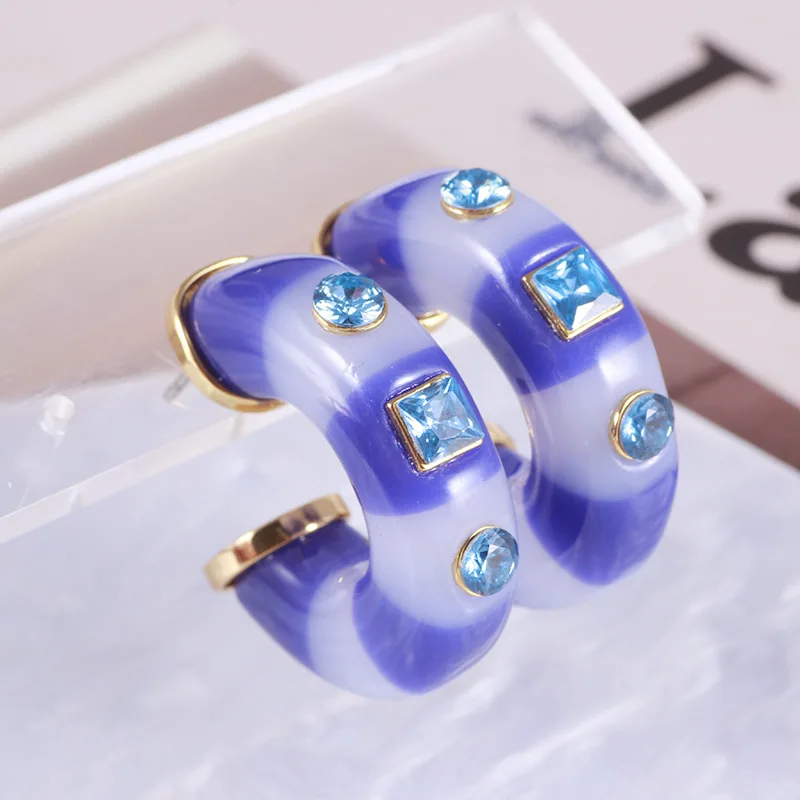 

Fashion Classic Simple Color Matching Resin Inlaid Zircon C-shaped Commuting Earrings for Girls Aquamarine Glass Statement Hoops