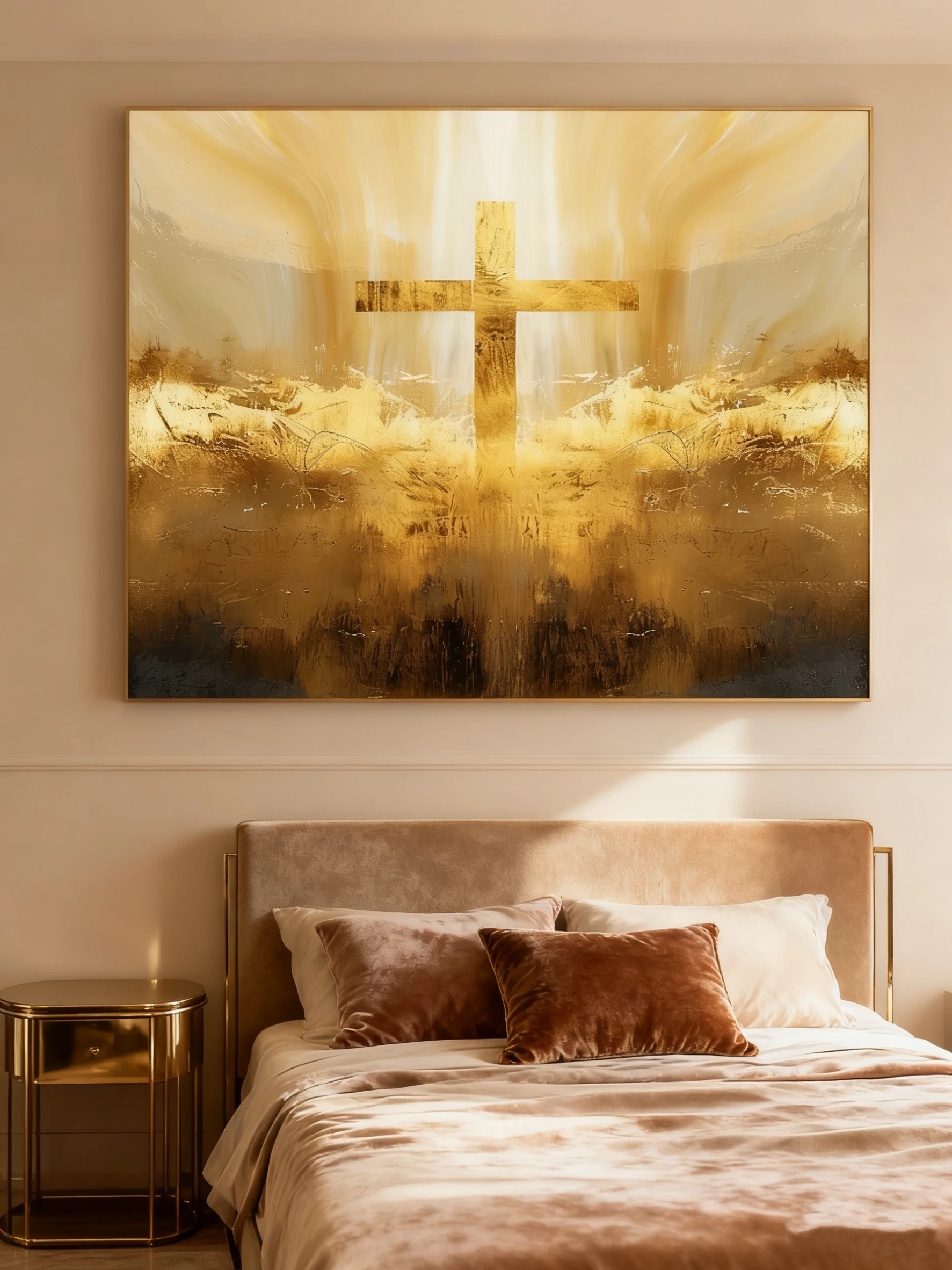 Hand Painted Abstract Golden Cross Oil Painting on Canvas Christian Religious Faith Wall Art Modern Light Cross for Living Room