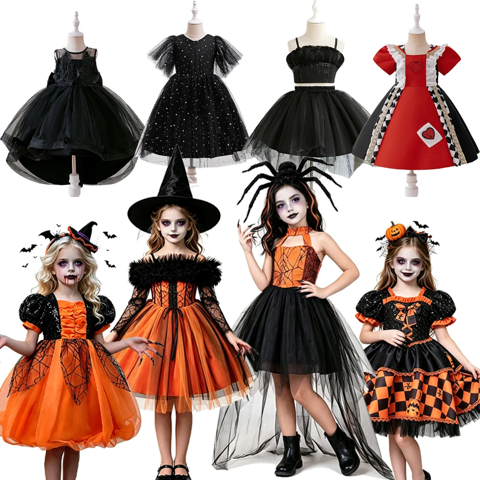 Girls Halloween Pumpkin Applique Dress Kids Flutter Sleeve Spider Lace Tulle Tutu Kids Cosplay Party Photography Costume ASQ03
