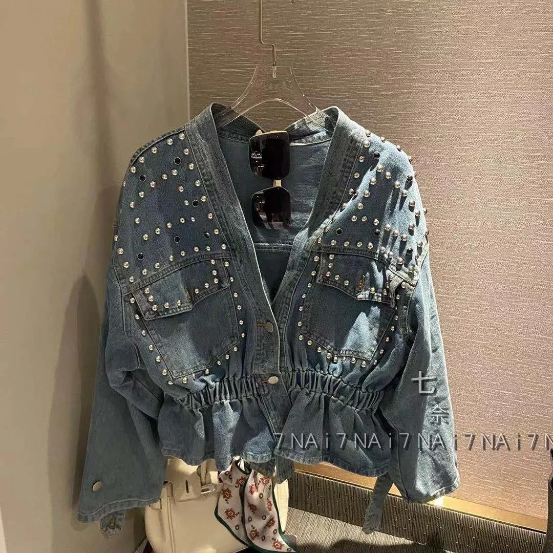 Veste en jean à manches longues pour femme, haut confortable, clouté, perlé, mode Joker, court, décontracté, printemps, automne, nouveau, rapIndustry