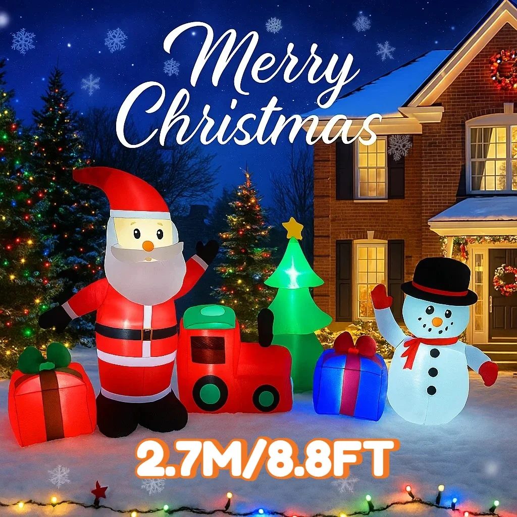 2,7 M/8,8 pies inflable Santa Claus muñeco de nieve tren luces de regalo LED decoración del hogar juguetes patio adornos de Navidad decoración de iluminación de vacaciones