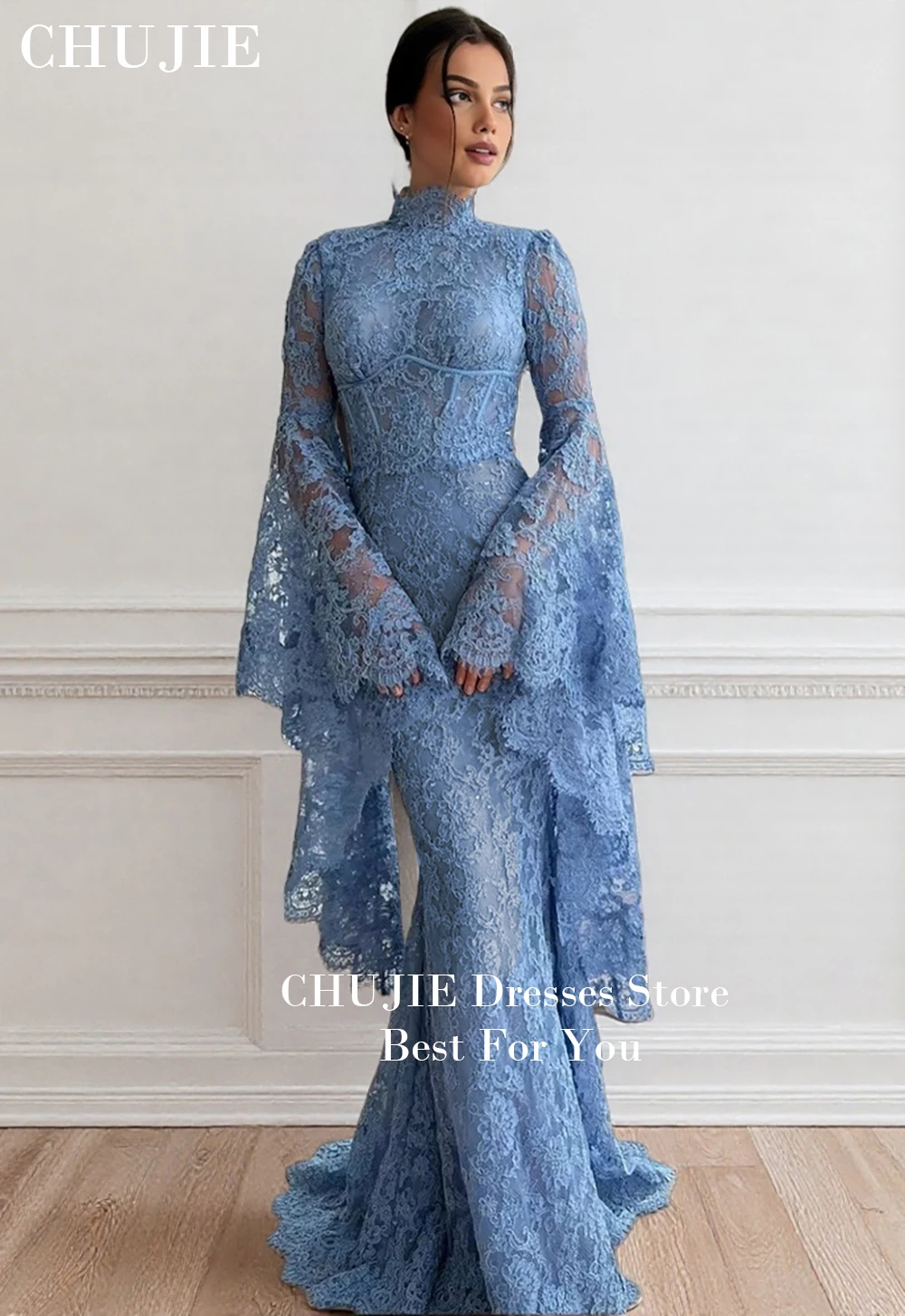 Blue Full Lace Dubai Customized Evening Dress High Neck Flared Sleeves Prom Dresses Mermaid Vestidos De Noche Formal Gowns image 2