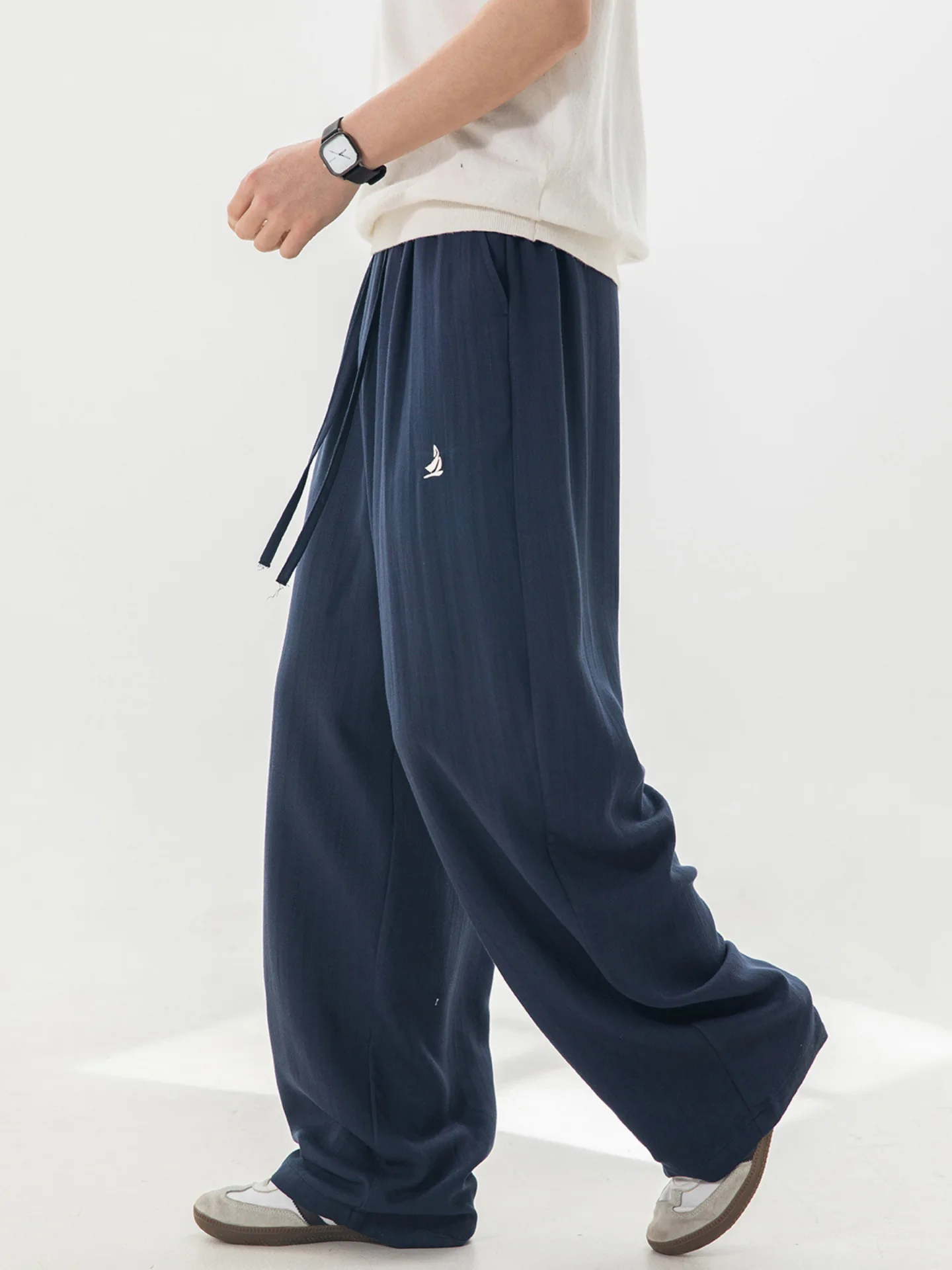 

Embroidered Linen-Effect Textured Casual Trousers Men's Drapey Breathable Relaxed Fit Versatile Straight-Leg Long Trousers