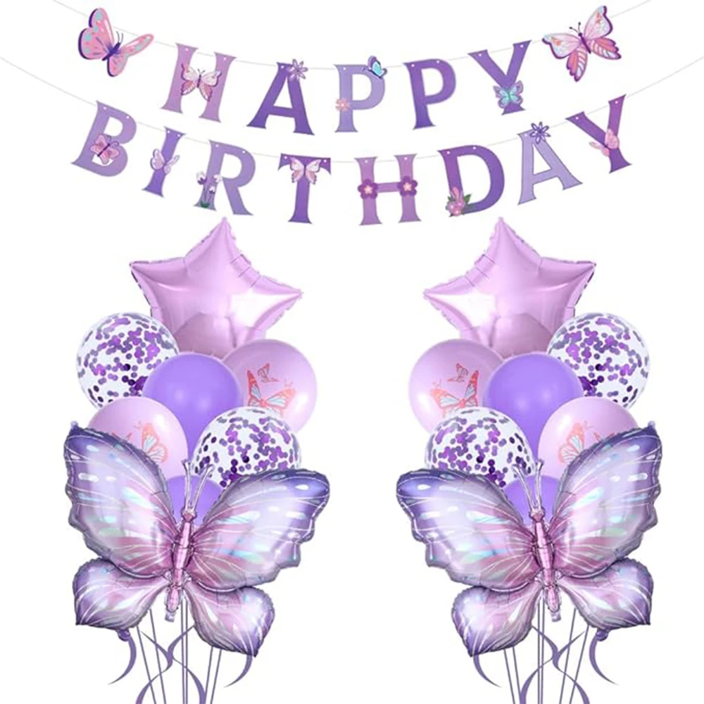 18PCS Purple Butterfly Balloons with Happy Birthday Banner Set Fairy Wings Butterfly Foil Globos for Girls Birthday Party Decor