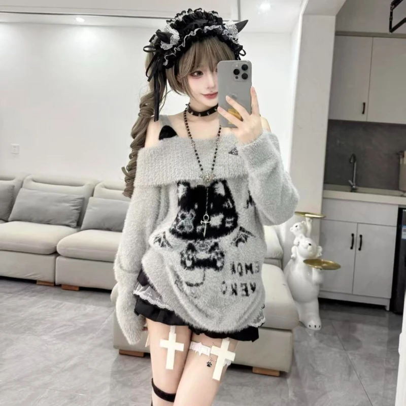 Subculture Long Sleeve Sweater Sweet Cat Cartoon Embroidery Slash Neck Pullover Women Casual Cute Japanese Knitwear Slim 2025