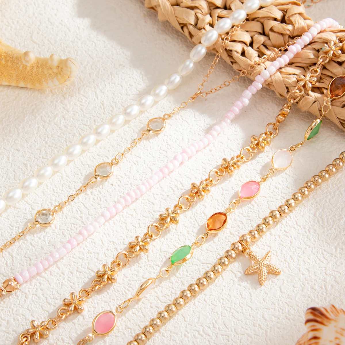 Salircon 6 Pcs/Set New Bohemian Multilayer Imitate Pearl Crystal Chain Bracelet for Women Trendy Adjustable Exquisite Jewelry