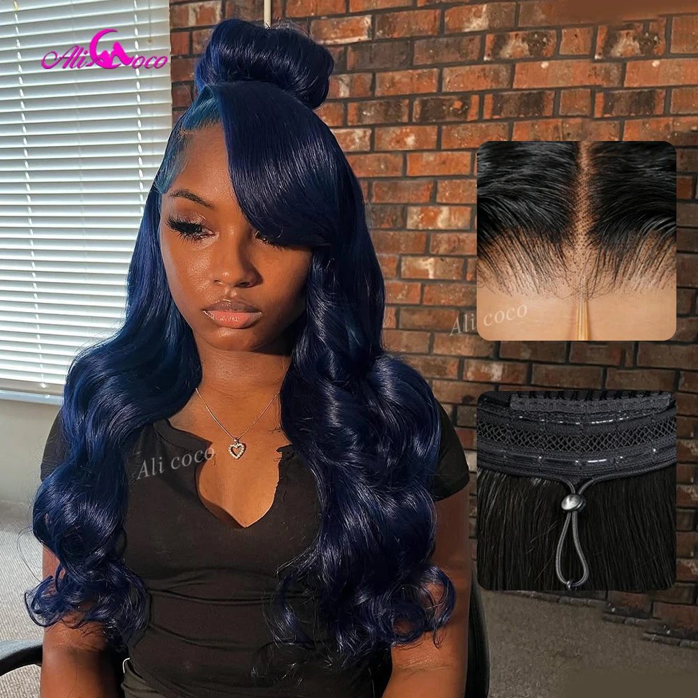 13x6 Drawstring Wigs 200 Density Body Wave Lace Front Wigs Human Hair 13x6 Brazilian Pre Plucked Middle Nightt Dark Blue Colored