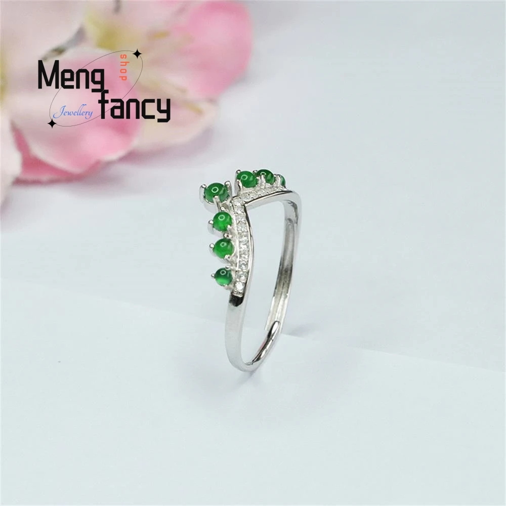 S925 Silver Lnlaid Natural Jadeite Crown Ice Type Imperial Green Ring Exquisite Elegant Simple High-grade Luxury Quality Jewelry