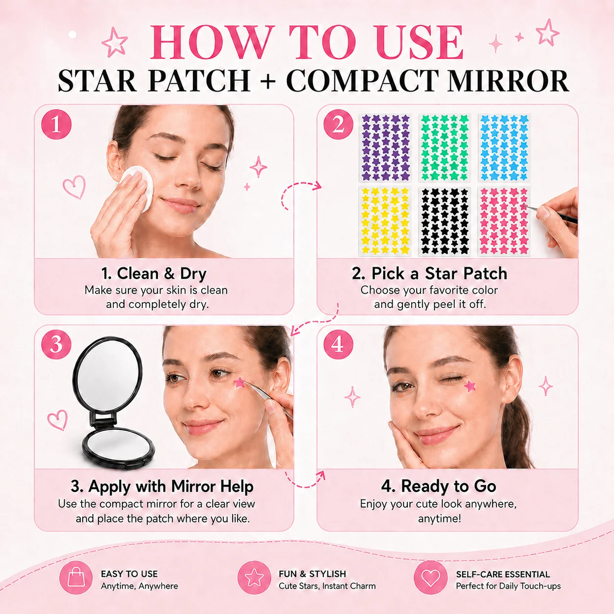 6-Color Star Patch Sheets with Foldable Compact Mirror, Pocket-Size Portable Beauty Set for Travel, Purse and Daily Touch-Ups view 4