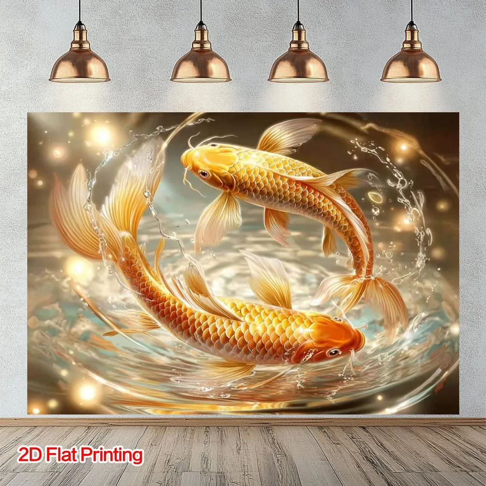 Golden Koi Fish Tapestry Wall Hanging Art Decor Elegant Water Dance For Living Room Bedroom Home Decoration Free Hooks Included