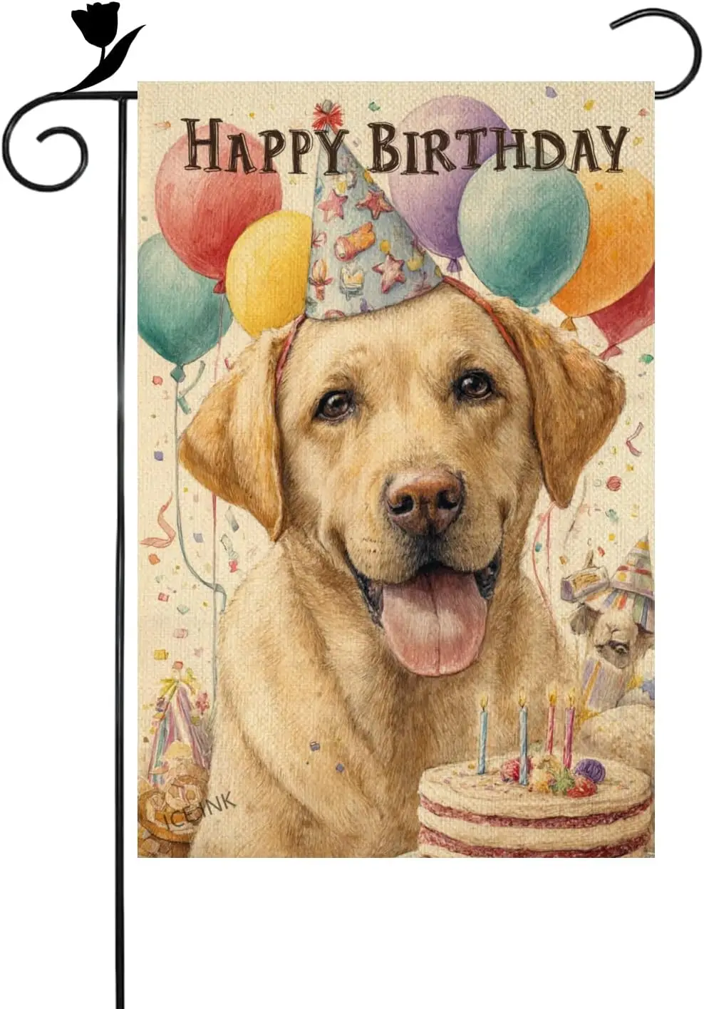 Ice ink Happy Birthday Labrador Retriever Balloon Cake Flags 12x18 Inch Double Sided Linen Small Yard Flag House Flags for O llz
