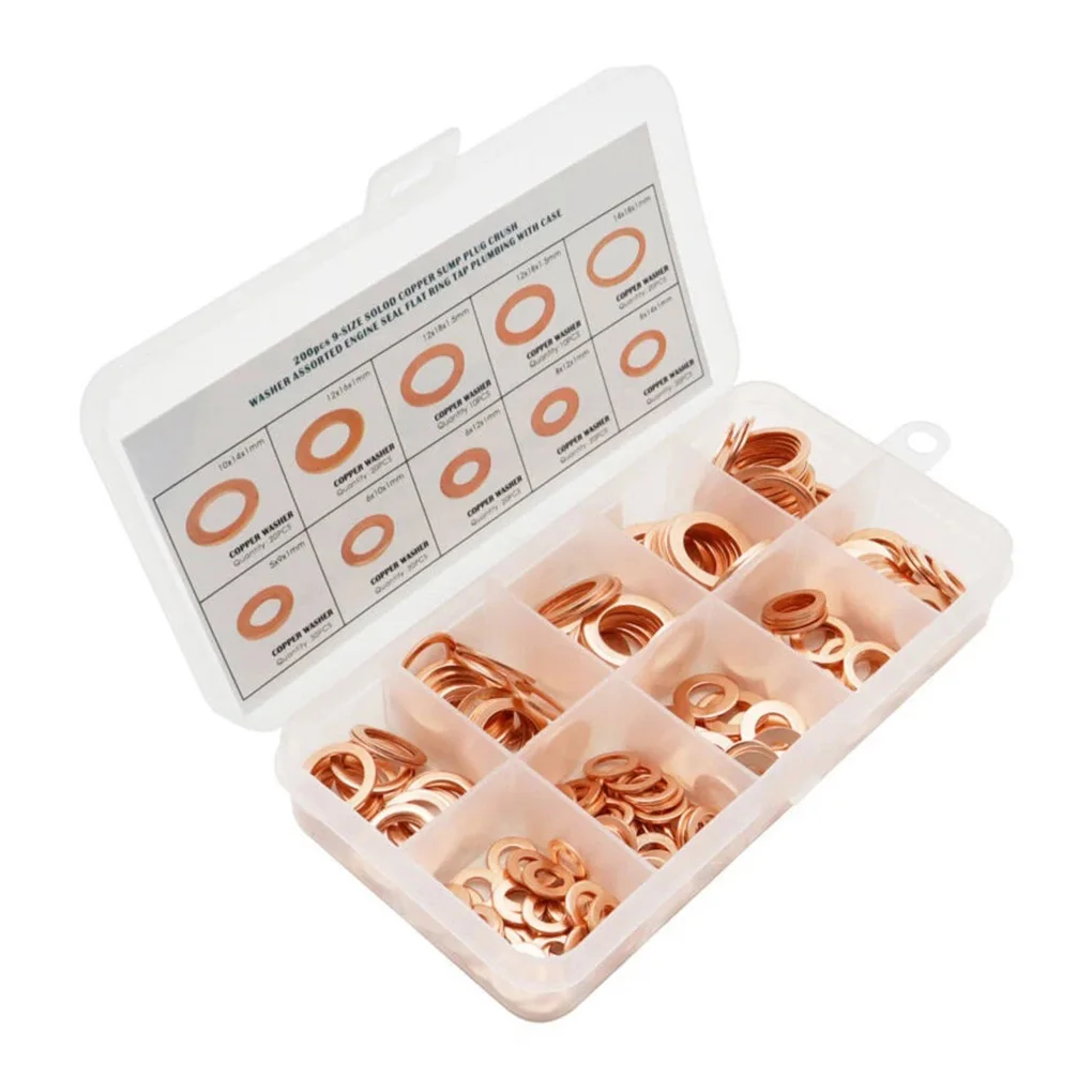 200 قطعة جوانات نحاسية محاصرة حلقات دائرية لختم الزيت جوانات مسطحة أجزاء أداة غسالات النحاس المصنوعة من الصلب