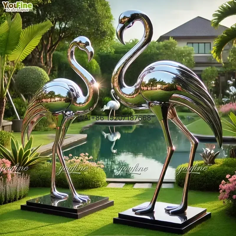 Wmwmnu Mirror Polished Stainless Steel Flamingo Statue Lifelike Standing Garden Sculpture Outdoor Decor for Villa Hotel