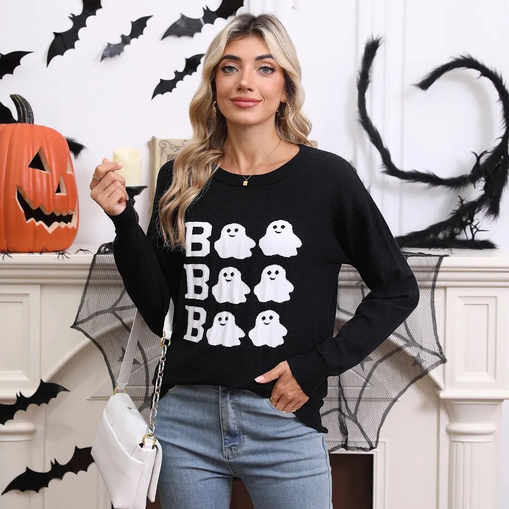 Embroidered round Ne Knit Sweater Casual loween Design Long Sve Mid-Length Women's Comfortable Commute Sle Sweater