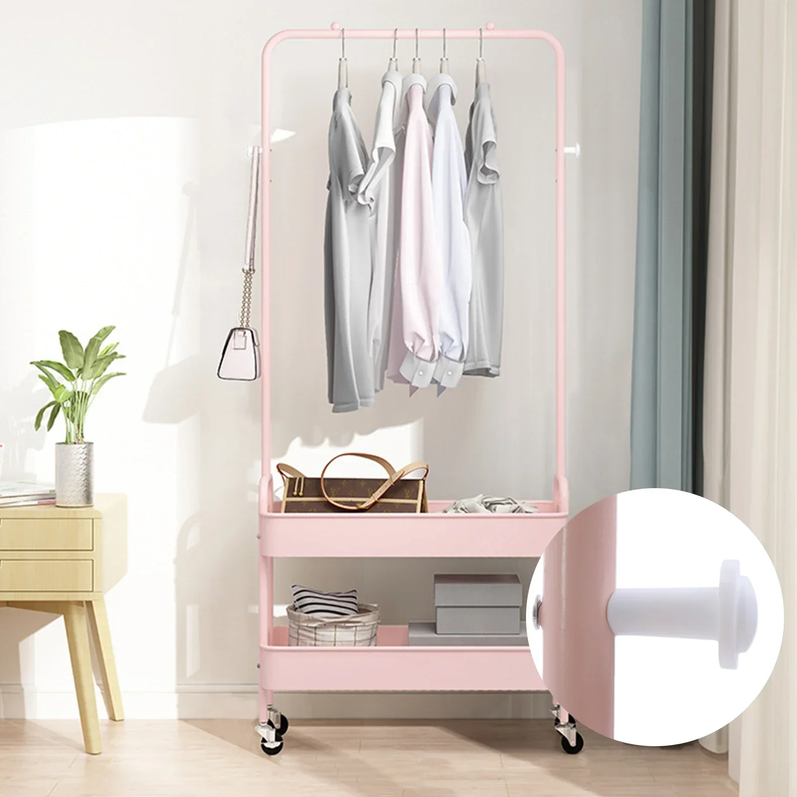 

Pink Floor Carbon Steel Hanging Clothes Rack with 2 Baskets,Metal Silent Movable Storage Rack for Laundry Room, Balcony, Bedroom
