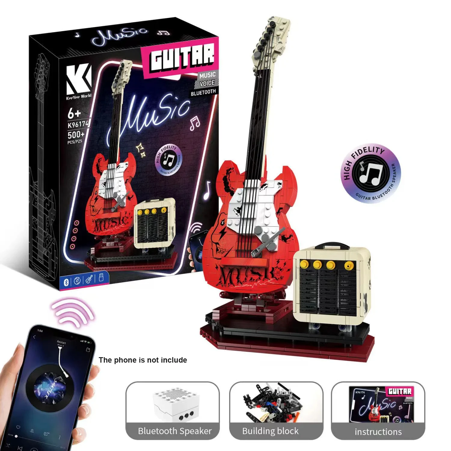 500PCS Creative Music Bluetooth Electric Guitar Speak Building Blocks Phone Connect Construction Toys Gift For Kids Children