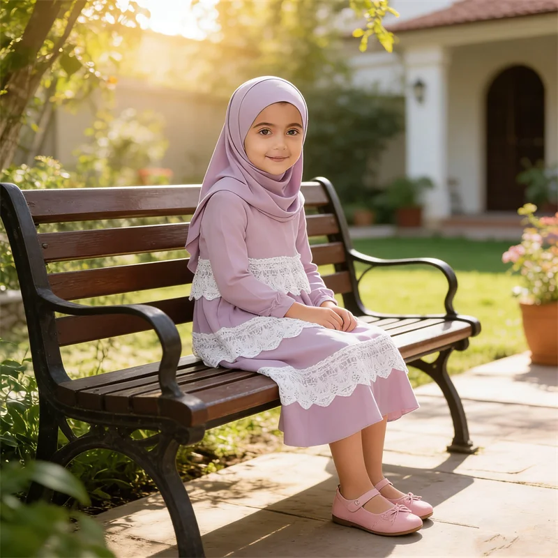 

Kids Girls Khimar Djellaba Eid Ramadan Islam Children Clothing Dubai Abaya Turkey Kaftan Muslim Hijab Dress Prayer Garment 2PCS