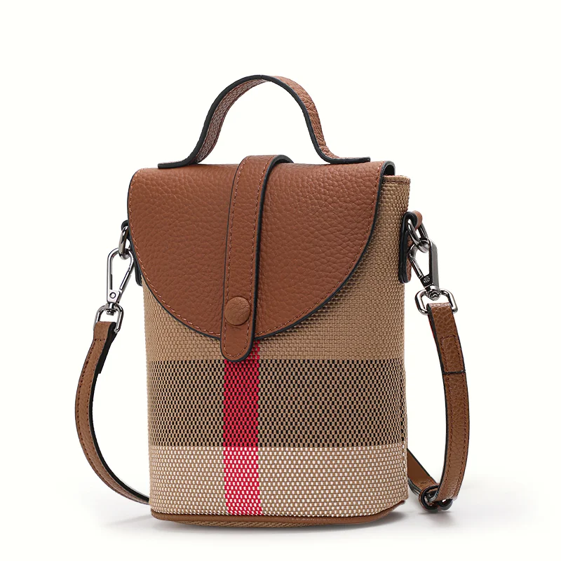 Mobile phone bag, crossbody women\'s bag, 2025 new canvas with leather mini bag, high-end foreign style checked bag