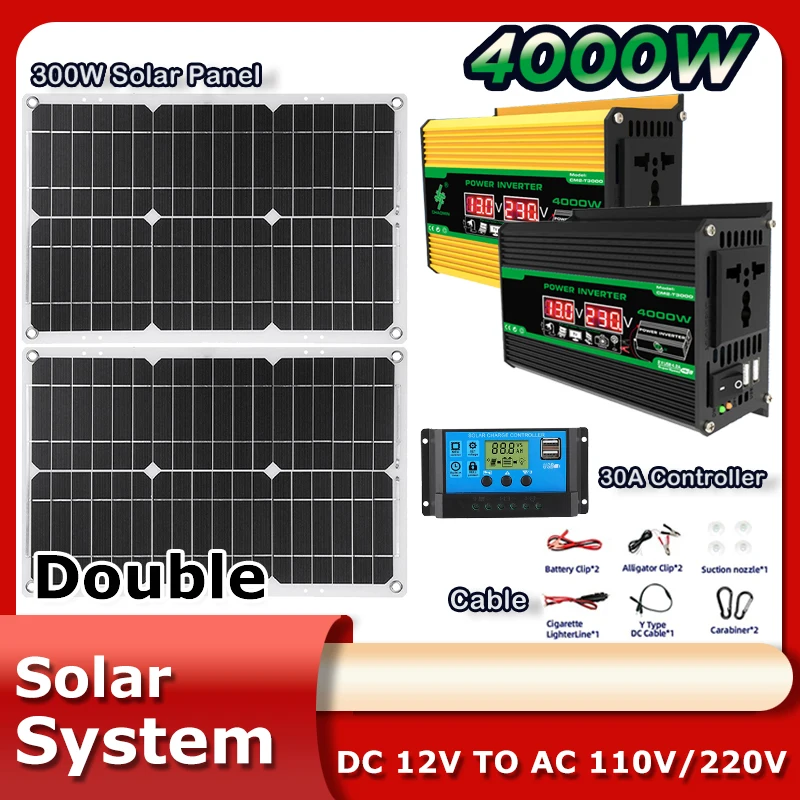 2*300W Solar Kit 4000W Power Inverter Portable Outdoor Storage Solar Kit System 30A Controller for Home Generation System Set