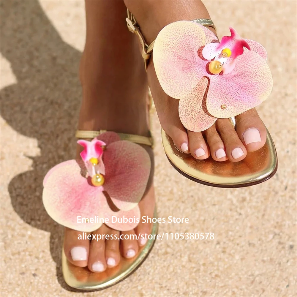 Gold Leather Flat Heel Orchid Flower Flip Flops Sandals Ankle Buckle Strap Women Shoes Summer Beach Party Wedding Bridal Wear