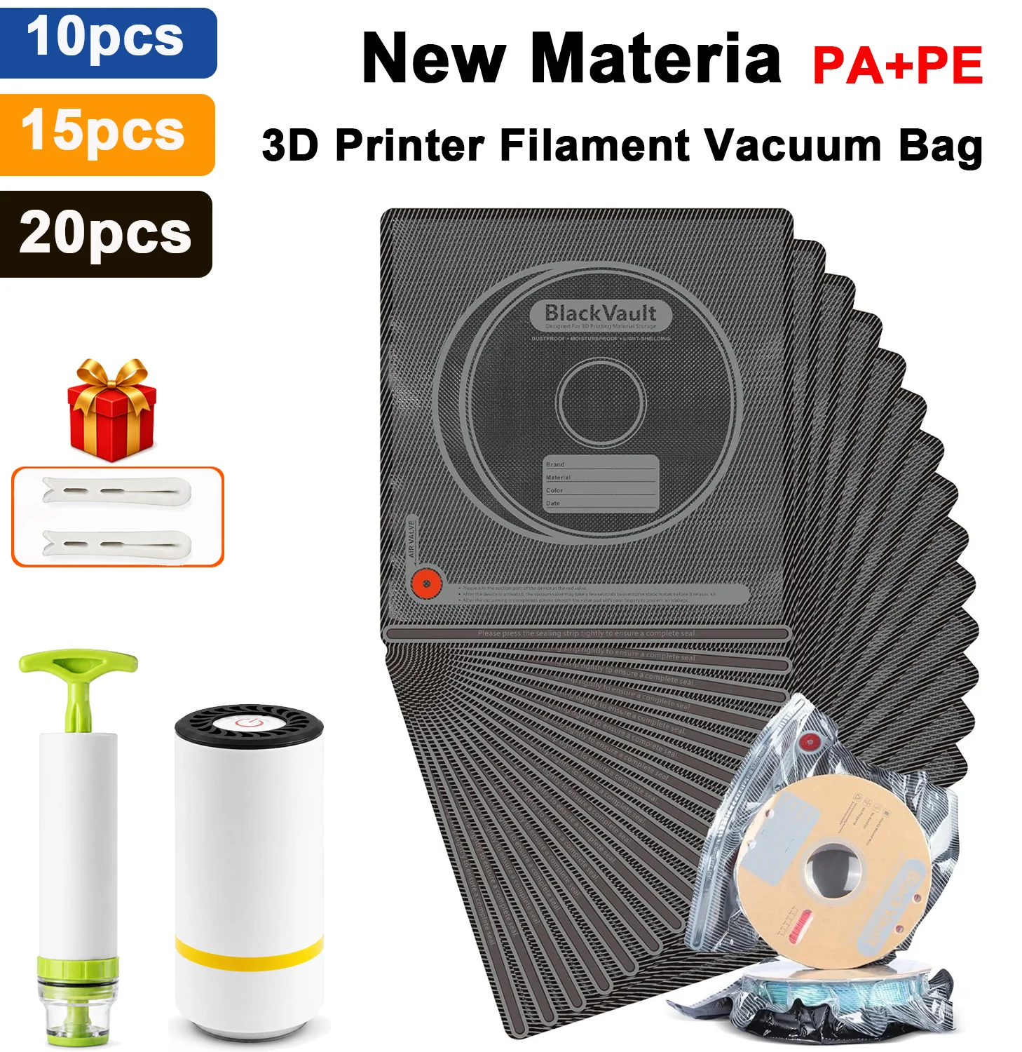 3D Filament Vacuum Storage Bags Kit Lightproof Reusable Seal Bag Dustproof Moisture Resistant for PLA PETG ABS TPU ASA PA PC DP