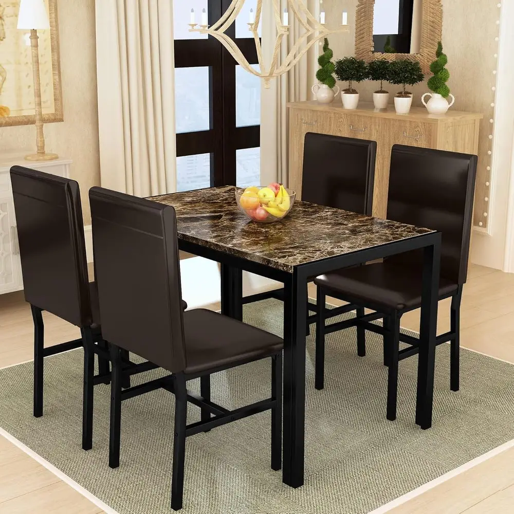 Dining Table Set or 4 Kitchen Table and Chairs, aux Marble Dinner Table with 4 PU Leather Sets or Dining Room Breakast Nook Apar