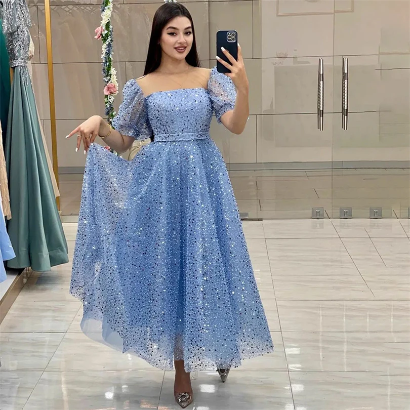 Ocean Blue Glitter Formal Evening Dresses Cap Sleeves A-LIne Ankle Length Sparkly Prom Dress Backless Sequins Party Gowns Saudi