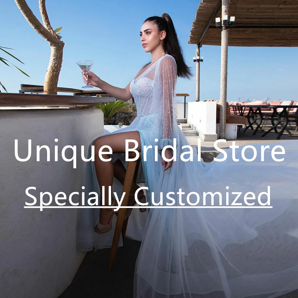 Abito da sposa classico monospalla personalizzato Manica a lanterna a trapezio con paillettes Abiti da sposa romantici lunghi fino al pavimento con spacco alto