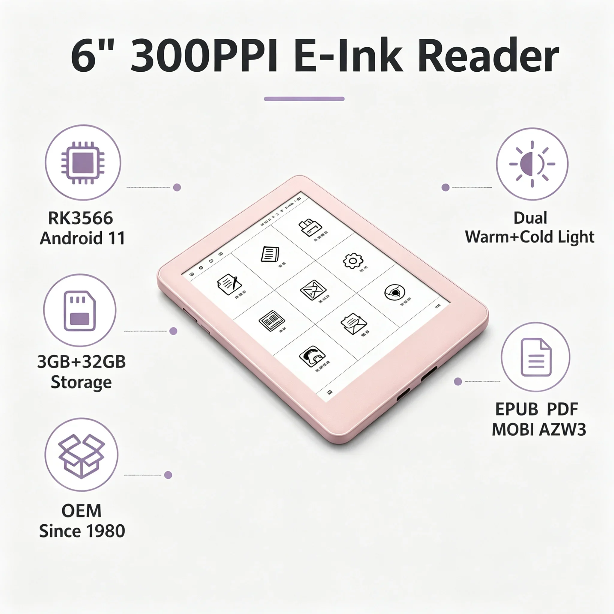Android 11 E-Ink Ebook Reader 6 Inch 300PPI RK3566 Quad Core 3GB 32GB Google Play WiFi OTG Dual Backlight OEM Custom Logo